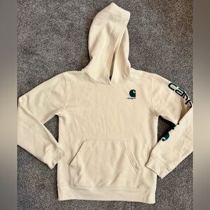Youth size large Carhartt Kids Logo Sleeve Hoodie - Cream/Dark Green